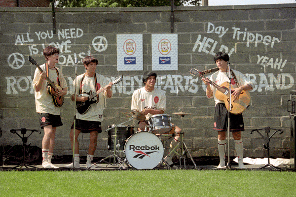 Liverpool players Steve McManaman, Rob Jones, Stan Collymore and Jason McAteer,dressed as the beatles