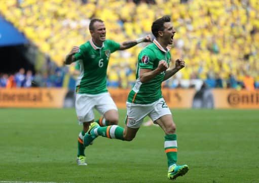 Ireland players celebrate scoring at Euro 2016