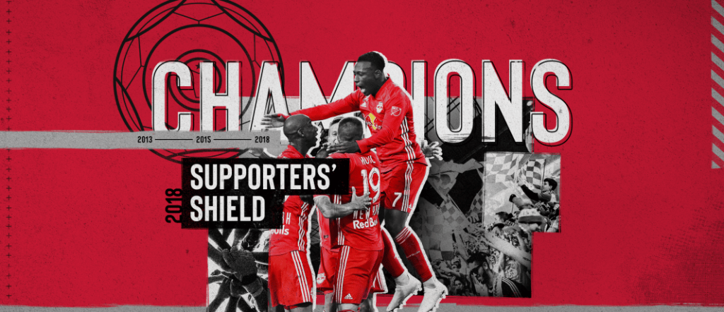 red bulls players celebrate winning supporters shield in 2018