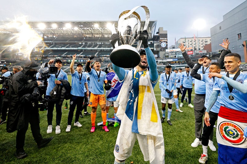 New York City soccer players celebrate