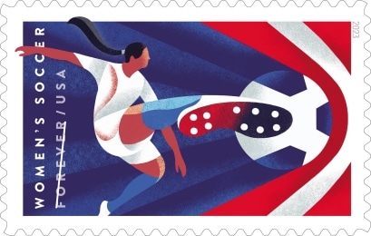 stamp featuring women soccer players