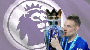 leicester player jamie vardy with epl trophy