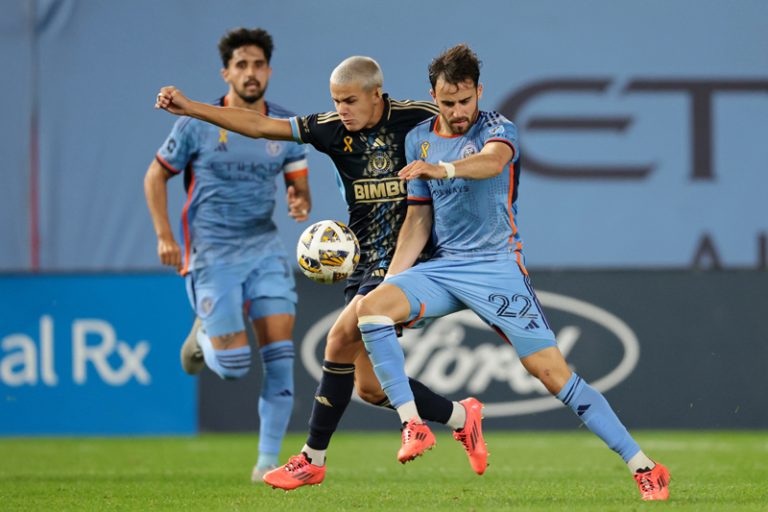 Philadelphia Union midfielder Cavan Sullivan (6) battles for the ball against NYCFC forward Kevin O'Toole