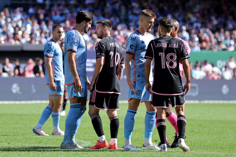 NYCFC defenders Thiago Martins (13) and Strahinja Tanasijevic (12) argue with Inter Miami CF forward Lionel Messi