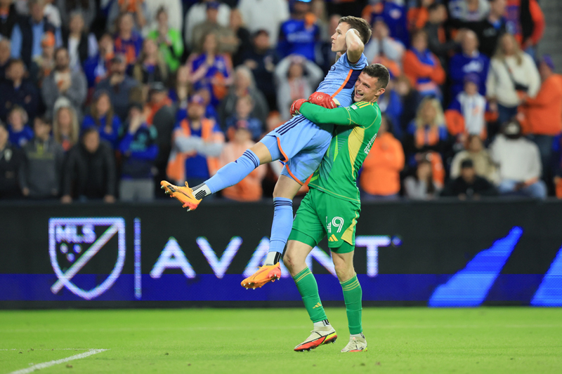 NYCFC goalkeeper Matt Freese celebrating against NY Red Bulls