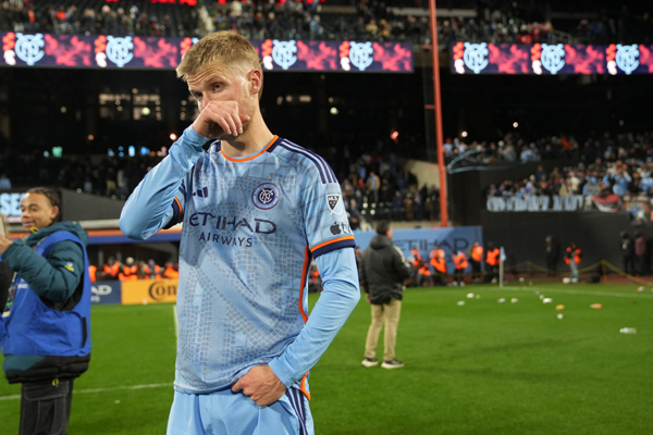 NYCFC midfielder Keaton Parks reacts after being defeated by the New York Red Bulls in the MLS playoffs.