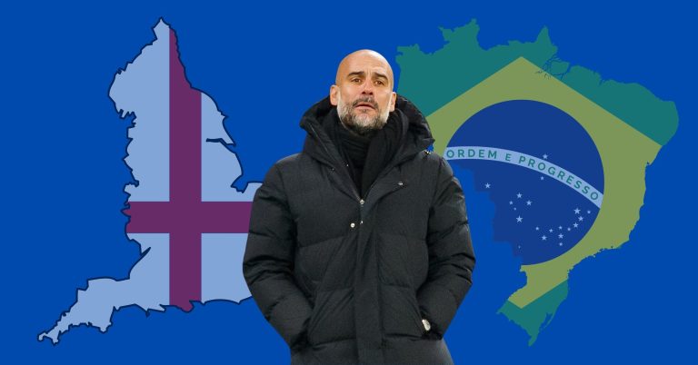 pep guardiola with maps of england and brazil