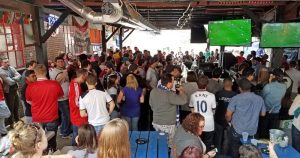 interior of amsterdam soccer bar in st. louis during a match.